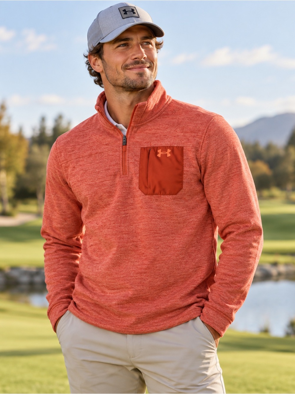 Under Armour Mens Large Fleece 1/4 Zip Pullover Orange Heather Chest Pocket